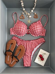 Swim Mod Women's Sweet Cute Lace Trim Fresh Cherry Print Swimsuit Set - Red - View 3