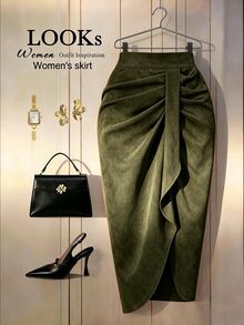 SHEIN Franclia Women's Autumn/Winter Fashion Asymmetrical Hem Pleated Slit Skirt - Dark Green - View 1