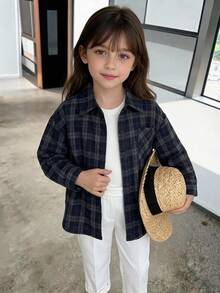 Hapijoa 翻領條紋寬鬆休閒青少年女孩襯衫 - 藏蓝色 - 查看 3