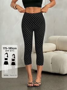 SHEIN Tall 高腰波點印花七分緊身褲 - 黑色 - 查看 6