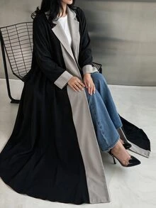 Yasmyna Women Black Grey Contrast Lapel Front Wide Sleeve Open Front Abaya Coat Dubai Middle East Fall Formal Kaftan Robe - Multicolor - View 7