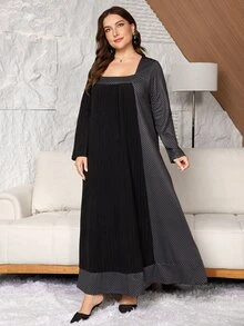 Lacomfia 女款方領長袖波點拼接休閒舒適居家服秋冬大尺碼洋裝 - 黑與白 - 查看 5