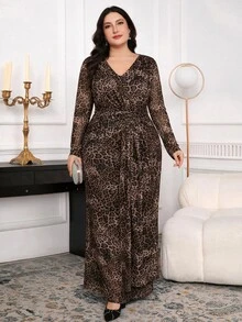 Modelyn Women's Plus Size Waist Knot Slightly Sheer V-Neck Leopard Print Dress - Multicolor - View 5