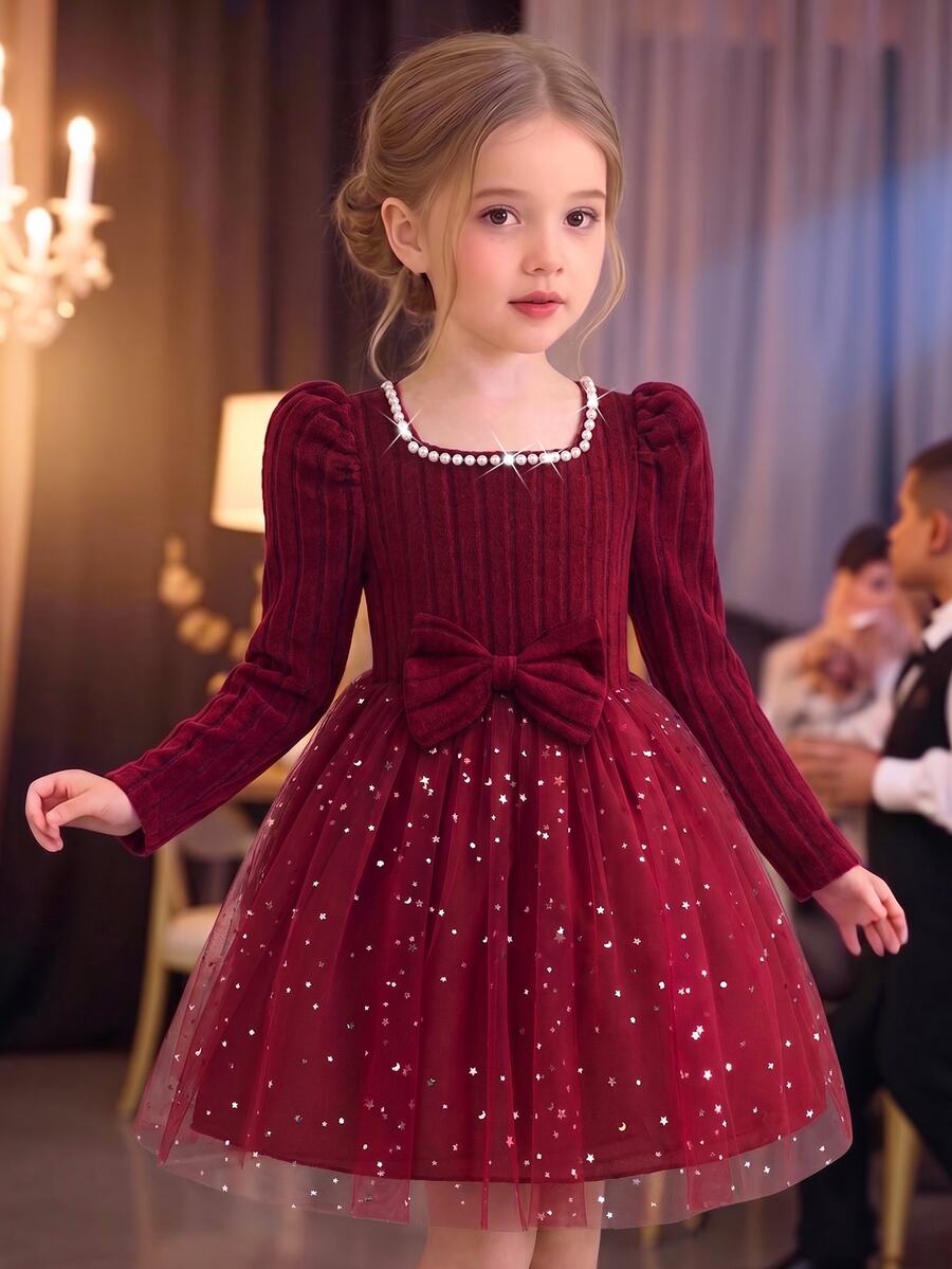 SHEIN Elladie kids Young Girl Young Girl) 珍珠網紗針織長袖上衣,方領設計,腰部飾有珍珠飾邊與大尺寸 3D 蝴蝶結,裙襬附 - 紅色 - 查看 1