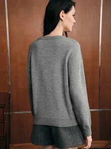 Anewsta Women's New Autumn Knit Sweater Top With Heavy Hand-Embellished Rhinestones, Round Neck Pullover - Grey - View 7