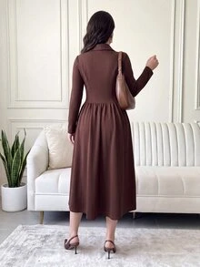 Feyla Women's Solid Color Elegant Daily Business Commute V-Neck Midi Dress - Brown - View 2