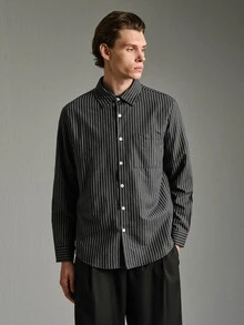 Calmiston 男士休閒條紋口袋單排扣商務襯衫上衣，針織衫 - 黑色 - 查看 4