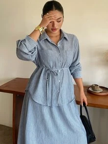 Dazy Plus Set 2 Potong Kemeja Longgar Kasual Bertali dengan Motif Garis dan Rok, Fashion Baru Musim Semi/Gugur - Biru - View 4