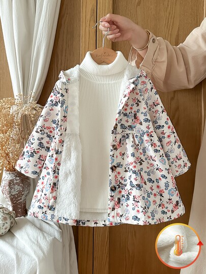 SHEIN Vintaside Kids Baby Girl Jacket Babygirl Shirt Winter Casual Print Hooded Long Sleeve Fashion Fleece Lined Outdoor Khaki Charcoal Coats Puffer Jacket