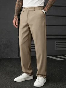 Manfinity CasualCool 男士休閒鈕扣口袋商務西裝長褲 辦公穿著 - 卡其色 - 查看 3