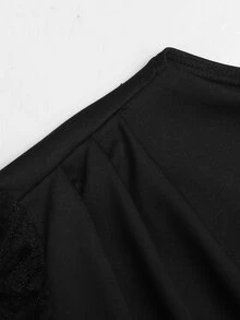 SHEIN 青少年女孩優雅純黑色蕾絲拼接長袖燈籠袖長洋裝 秋冬款 - 黑色 - 查看 5