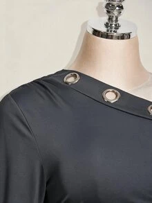 SHEIN ICON 女款大尺碼純色鏤空裝飾不對稱肩休閒日常夏秋洋裝 - 灰色 - 查看 7