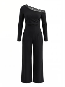 LUMIGAL Women's Elegant Casual Daily Commute Asymmetrical Shoulder Patchwork Ruffle Long Sleeve Elastic Slim Fit Flare Leg Black Jumpsuit - Black - View 7