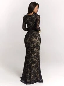 SHEIN BAE Women's Square Neck Lace Top And Lace Long Skirt Elegant Set - Black - View 2