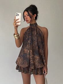 Aloruh Women's Elegant Pale Yellow Halter Neck Tie Mini Dress - Brown - View 6