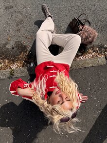 Muchica 女款新中式立領盤扣拉鍊時尚休閒夾克外套 - 紅色 - 查看 6