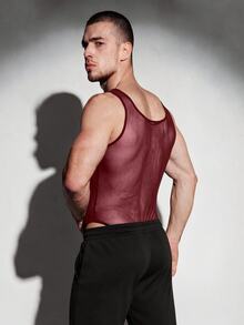 DSELFIQUE Men's Solid Color Sleeveless Sheer Casual Everyday Tank Top Jumpsuit - Burgundy - View 3