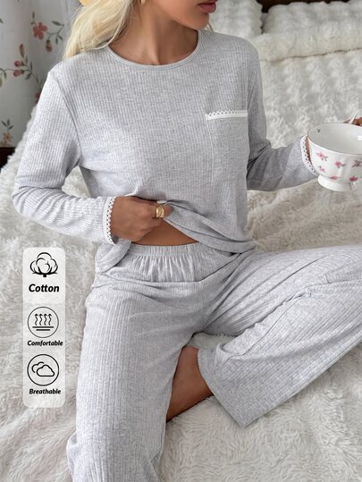 SHEIN Women Contrast Lace Trim Pocket Crew Neck Long Sleeve Top And Straight Leg Pants 2 Pieces Casual Pajama Set
