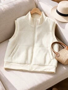Rusticease Plus Size Women's Zipper Casual Versatile Winter Cotton Padded Vest - Apricot - View 4