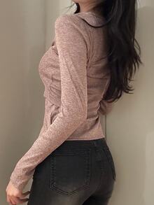 DAZY Solid Color Fitted Long Sleeve Cardigan & Short Camisole Casual Vacation Korean Style Daily Spring Autumn Women's 2 Pieces Set - Pink - View 6