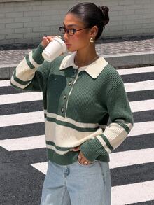 Livesso Women's Green Round Neck Long Sleeve Cable Knit Slim Fit Ribbed Casual Sweater, Autumn/Winter - Green - View 6