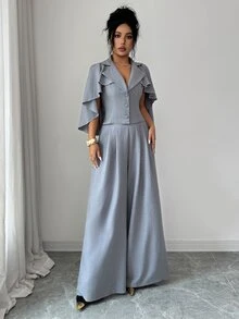 Elenzga Daily Commute Holiday Workplace Office Party Elegant Business Style Ruffle Cape Sleeve Lapel Cinched Waist Blazer Wide Leg Pants Set Solid Color Premium Gray Elegant Romantic - Grey - View 7