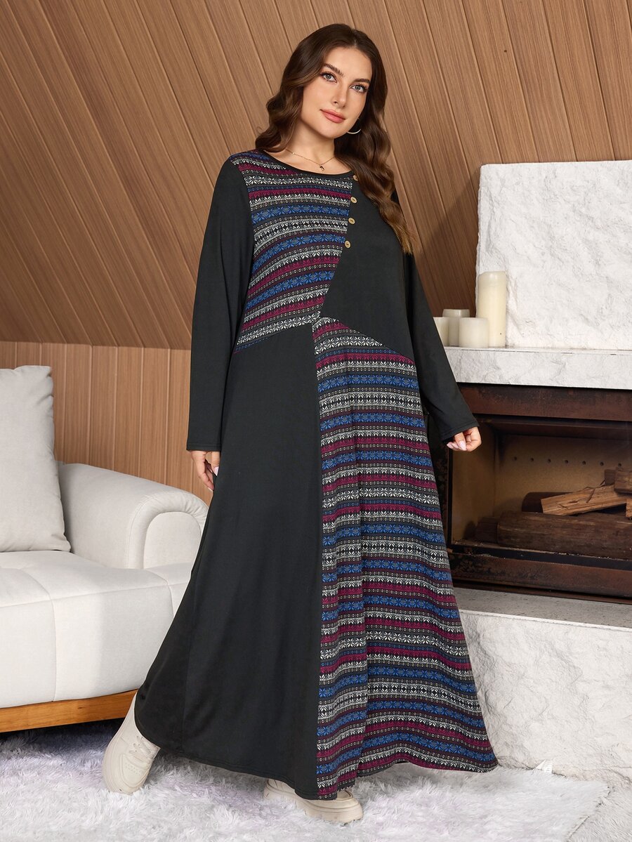 Lacomfia Plus Size Women Loose Casual A-Line Round Neck Long Sleeve Patchwork Floral Print Autumn Long Dress - Black - View 1