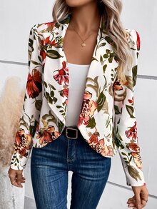 SHEIN LUNE Floral Print Shawl Collar Open Front Blazer In Fall/Winter,Casual - Apricot - View 1