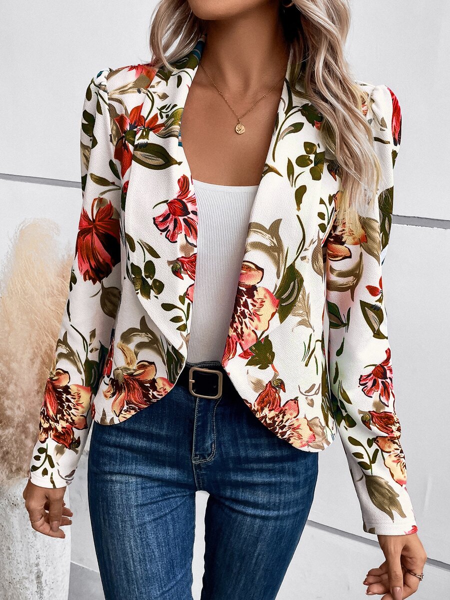 SHEIN LUNE Floral Print Shawl Collar Open Front Blazer In Fall/Winter,Casual - Apricot - View 1