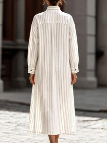 EMERY ROSE Plus Size Casual Loose Fit Small Stand Collar V-Neck Commute Outing Vacation Versatile Long Sleeve Striped Dress - Apricot - View 2
