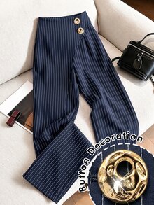 Modelyn Commuter Elegant Striped Criss-Cross Design Metal Button Decor Wide Leg Long Pants - Navy Blue - View 6