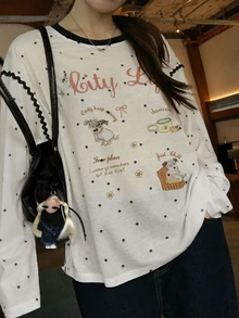 Dazy Plus Letter Print Cartoon Pattern Loose Fit Korean Style Long Sleeve White T-Shirt - White - View 6