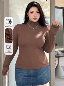 Dazy Plus 修身純色高領打底T恤 春夏秋季 - 棕色 - 查看 1