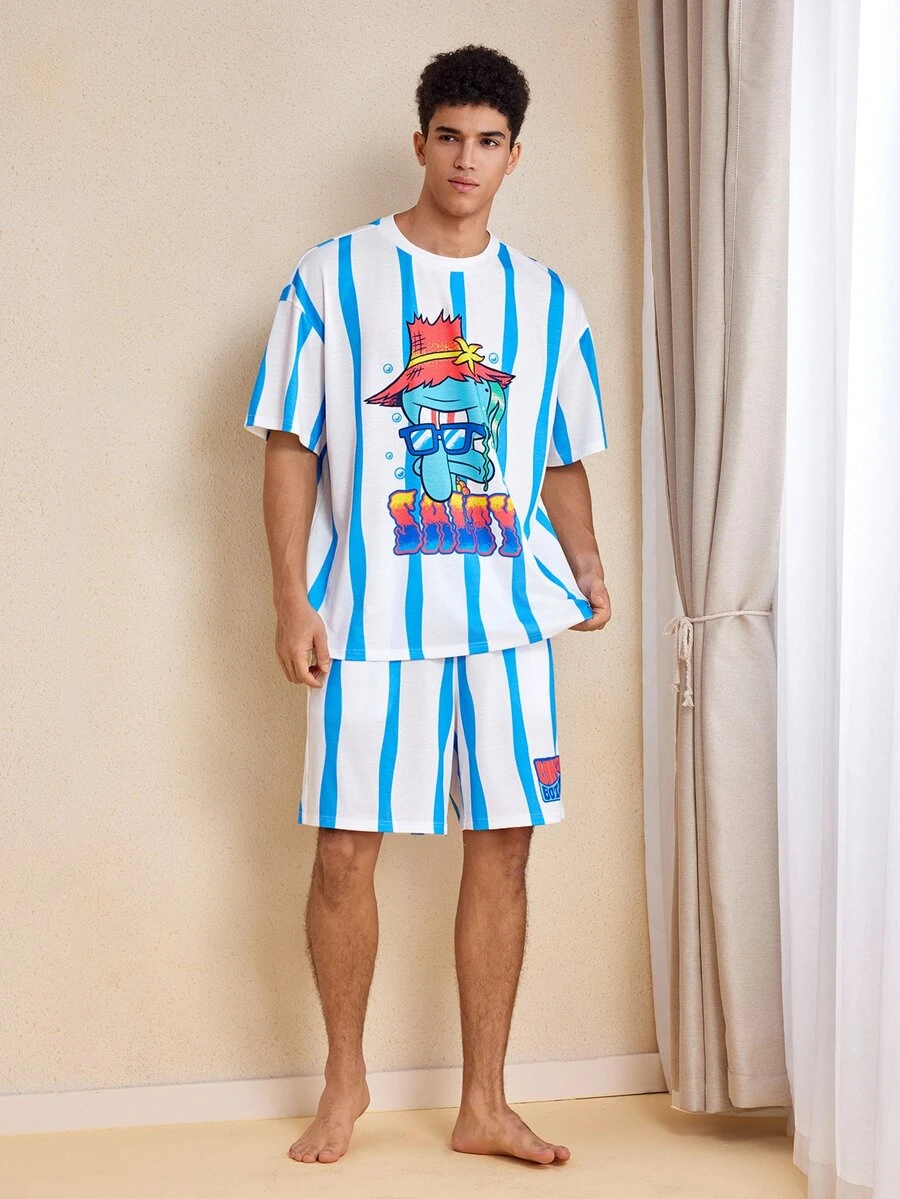 SpongeBob SquarePants | SHEIN Men's Cartoon Print Short Sleeve Top And Shorts Casual Daily Home Wear Set - Blue and White - View 1