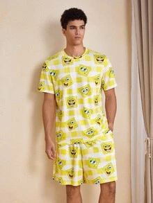 SpongeBob SquarePants | SHEIN Men's Cartoon Print Short Sleeve Top And Shorts Casual Daily Home Wear Set - Yellow - View 1