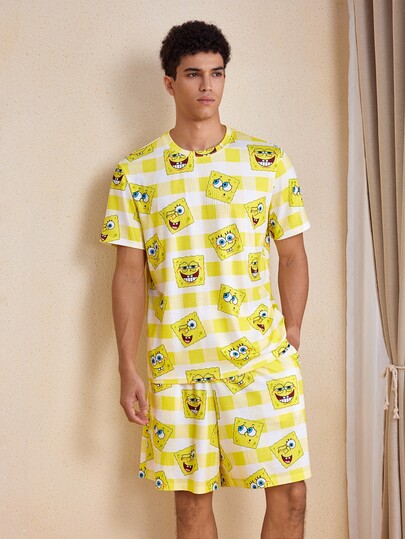 SpongeBob SquarePants | SHEIN Men's Cartoon Print Short Sleeve Top And Shorts Casual Daily Home Wear Set