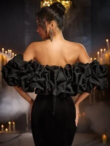 Glamrae Elegant Black Velvet Bandeau (Detachable Two Pieces Set) Contrast Color Exaggerated 3D Pleats Train Flounce Heavy Embellishment Evening Gown - Black - View 3
