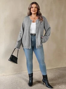 SHEIN CURVE+ 大尺碼女款拼色休閒百搭日常外出開襟衫 - 灰色 - 查看 3