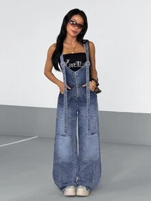 StreetHx Women's Slim High Waist Pocket Zipper Casual Denim Overalls - Blue - View 8