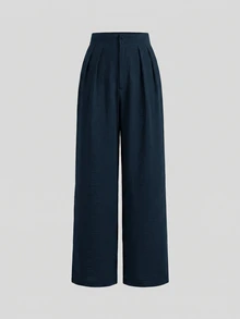 SHEIN PETITE CURVE 大尺碼直筒高腰素色百褶長褲 - 彩色 - 查看 4