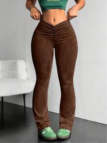 SHEIN Tall Women's Ruched Casual Daily Wear Denim Skinny Flare Pants - Blue - View 3
