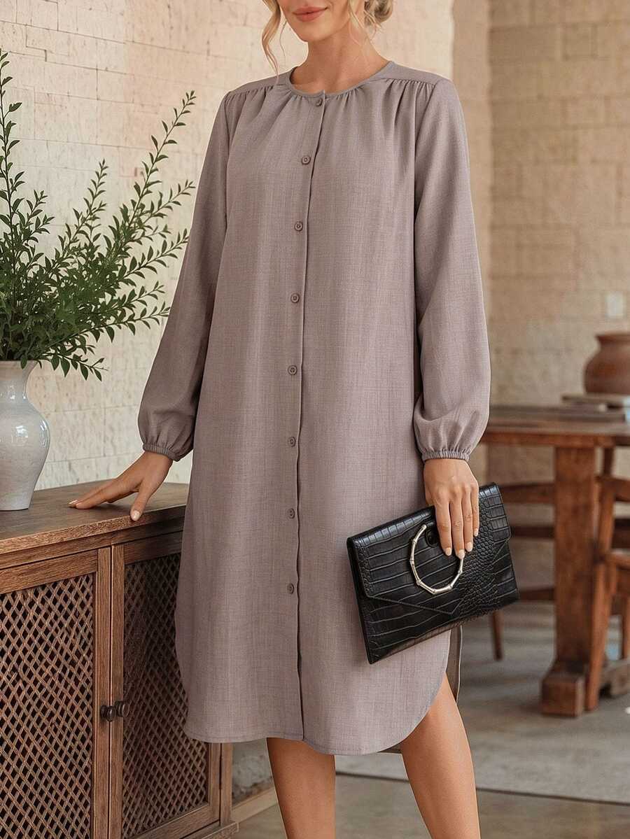 EMERY ROSE Women's Round Neck Long Sleeve Single-Breasted Solid Color Dress - Brown - View 1