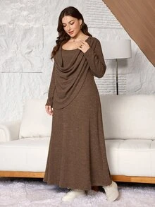 Lacomfia Minimalist Solid Color Ribbed Cowl Neck Long Sleeve Cinched Waist A-Line Regular Fit Plus Size Dress For Spring And Autumn - Brown - View 6