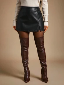 Radiana Casual Black PU Plus Size Shorts, Suitable For Spring/Autumn, Music Festivals, Y2K - Black - View 8