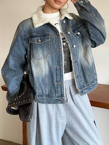 Dazy Plus Autumn/Winter New Lamb Wool Patchwork Fur Collar Denim Jacket Street Casual - Medium Wash - View 7