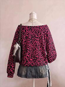 SHEIN EZwear 女款豹紋休閒百搭日常穿著運動衫 - 紅色 - 查看 2