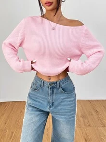 SHEIN PETITE Women's Solid Color One Shoulder Casual Daily Long Sleeve Sweater - Pink - View 6