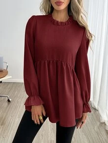 Easowa 女款優雅百搭百褶喇叭袖襯衫 - 紅色 - 查看 5