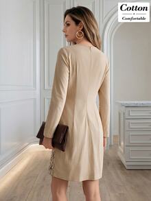 Medorina Women's Fashion Embroidered Long Sleeve Dress For Vacation And Dating - Apricot - View 2