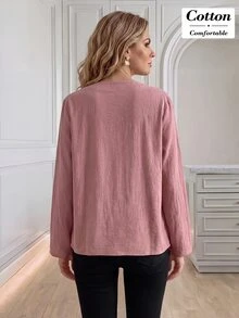 Medorina Women's Solid Color V-Neck Long Sleeve Casual Commuter Blouse - Red - View 2